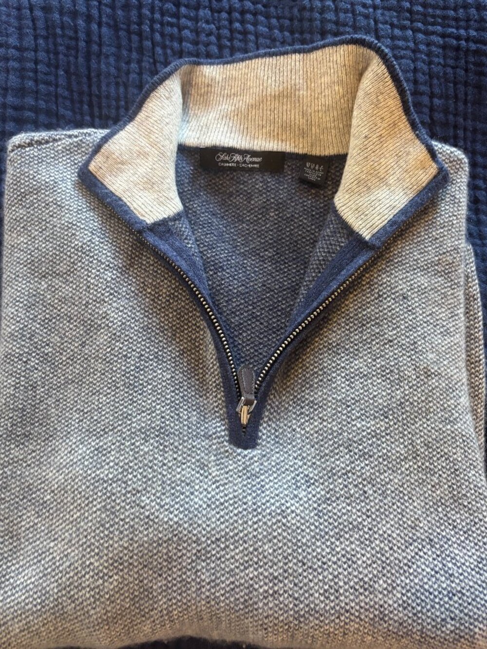 Saks Fifth Avenue Gray and Blue Cashmere Quarter-Zip Sweater Size M